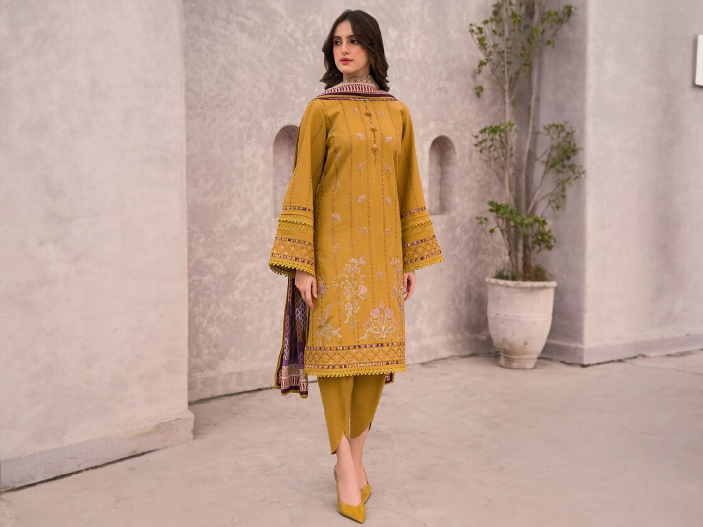 3 Piece Suit with Emb Dhanak & Emb shawl